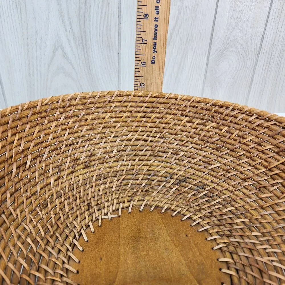 Boho Wicker Woven Fruit Basket United Wood Base Wide Oval Serving Storage 13x5